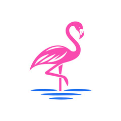 Pink Flamingo Bird Standing on Blue Water in Vector Logo 