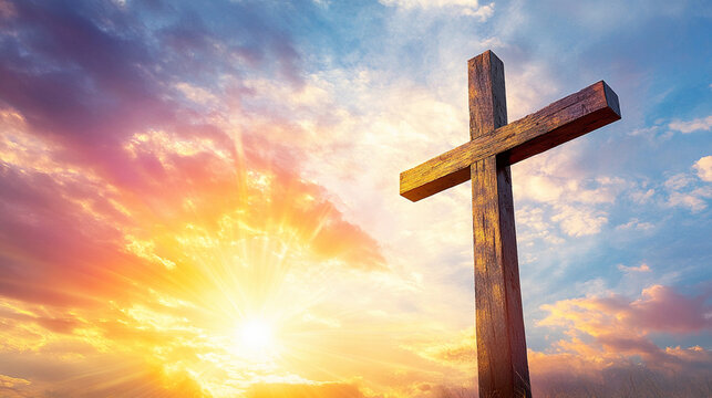 A wooden cross is standing in front of a beautiful sunset. The sun is shining brightly, casting a warm glow on the cross and the sky. Concept of peace and serenity