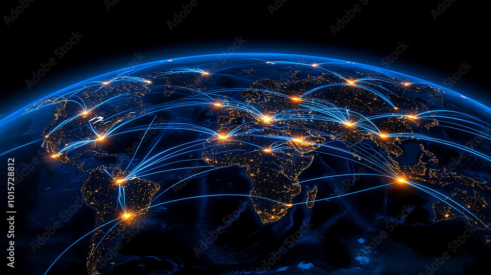 Poster a blue and orange globe with many lines and dots on it. the globe is lit up with a blue and orange c