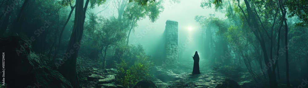Poster a mysterious figure stands in a misty forest, surrounded by ancient stones and ethereal light, evoki
