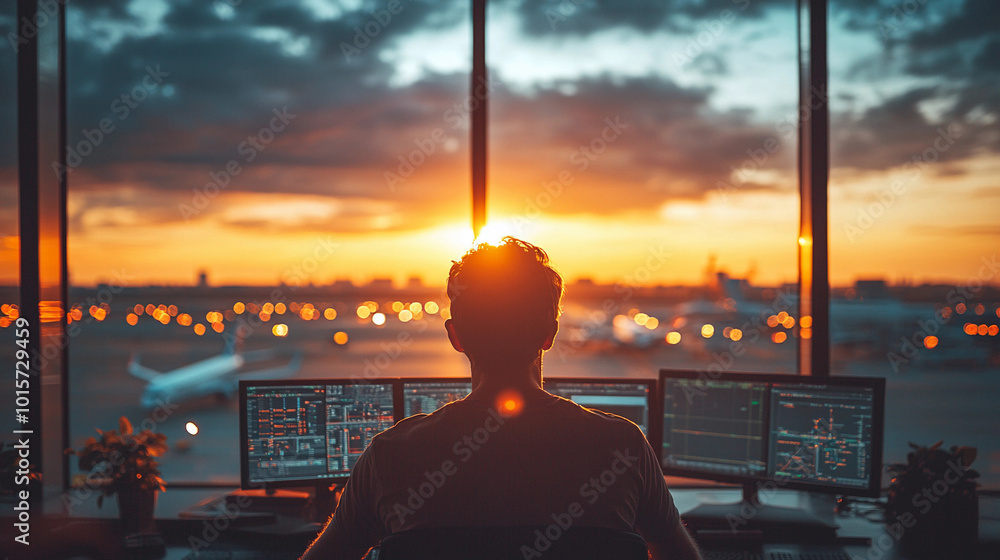Poster a man is sitting in front of a computer with a view of the sunset. concept of calm and relaxation as