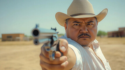 A man in a cowboy hat is holding a gun and looking angry. The scene is set in a desert, with a house in the background. The man's expression and the setting create a mood of tension and danger