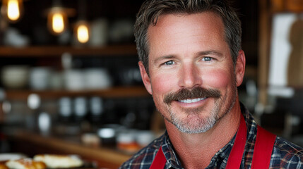 Obraz premium A man with a mustache and a red apron is smiling for the camera. He is standing in front of a counter with plates and bowls on it