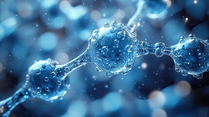 A close-up of hydrogen cells and blue liquid molecules with water atoms, illustrating green energy solutions for sustainable transportation and technology.