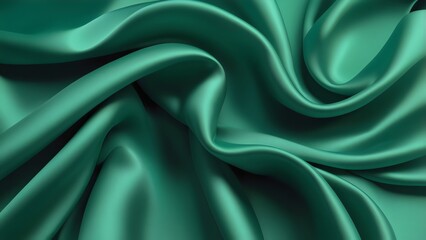 Obraz premium Luxurious emerald green silk fabric that is elegantly draped with soft folds and a satin like sheen, cloth flows in fluid, curving lines, creating a rich, lustrous texture. 
