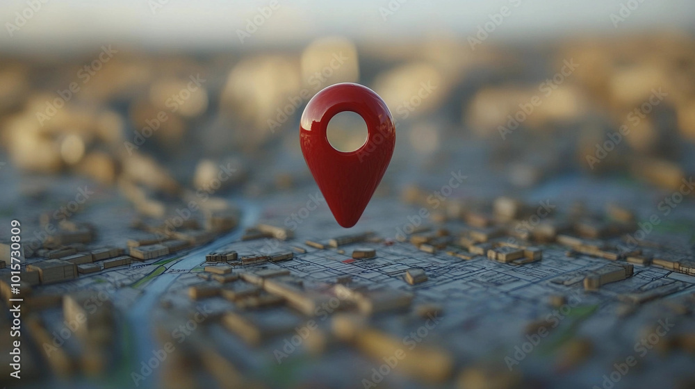 Poster a red dot on a map of a city. the dot is a red pin that is placed on the map