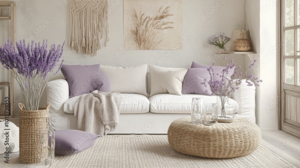 Poster a bright living room features a comfortable white sofa adorned with lavender pillows and a soft thro