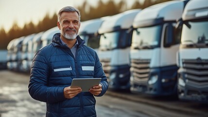 Supervisor in a fleet of trucks, poised and holding a tablet.