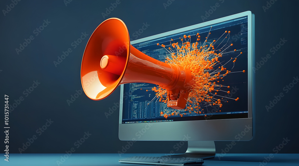Poster contemporary conceptual image of a computer monitor with a bright orange megaphone and digital netwo
