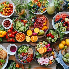 A beautifully arranged vegan picnic spread on a wooden table, featuring colorful fruits, vegetables, and plant-based dishes. The scene should include a clean