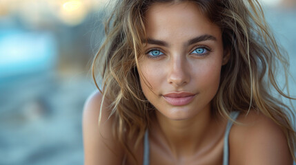 Obraz premium Young woman with beautiful blue eyes and natural expression posing outdoors with blurred background and copy space
