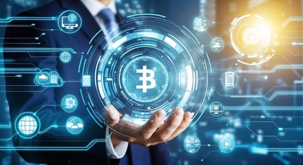 Bitcoin Future:  A businessman confidently holds a glowing bitcoin symbol, surrounded by a futuristic digital interface, signifying the potential of cryptocurrency and innovation. 