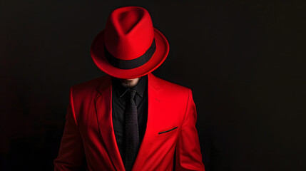 A red suit, black tie, and hat. The man is completely hidden behind the shadow of his head, but you can see that he wears it with confidence and elegance. Black background.