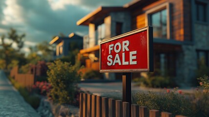 A modern house has a red "FOR SALE" sign affixed to its outside.