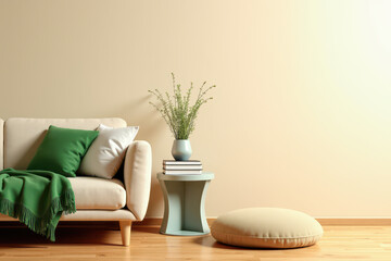  A modern living room with a beige sofa  on the left with a green throw blanket draped over it, green and white cushions, a unique side table with a plant, stacked books, against a plain light wall