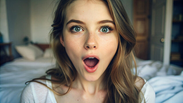 portrait of a woman surprised something in front of her