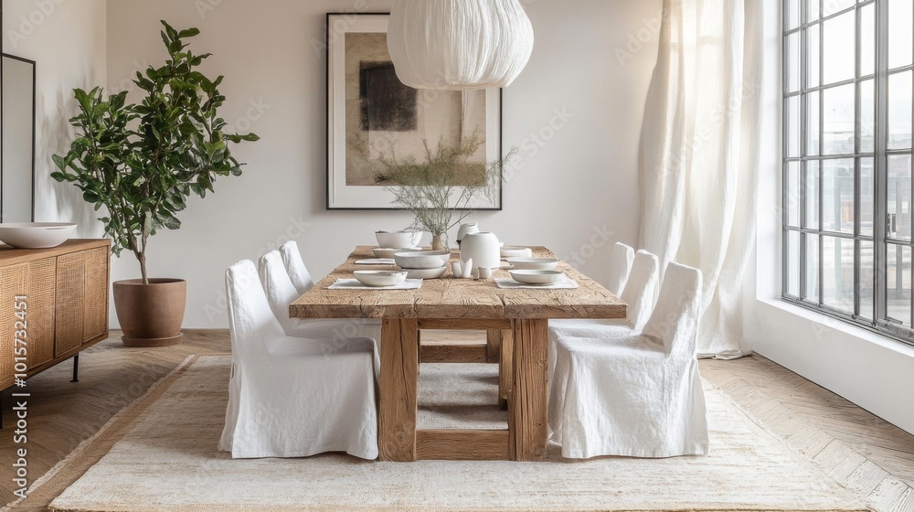 Poster a wooden dining table with a light wood finish sits in a dining room. the table is set with white pl