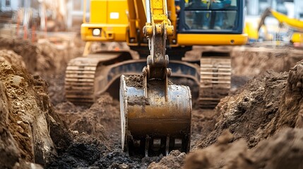 Fototapeta premium Heavy Machinery Excavating Construction Site for New Building Development
