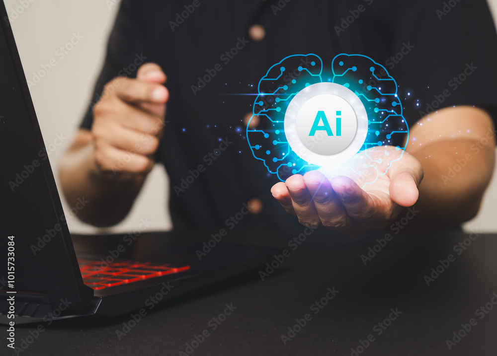 Poster close-up of hand holding virtual ai icon representing advanced machine learning and digital solution