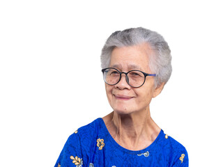 Elderly woman with glasses smiling against a transparent background. Portrait of senior happiness.