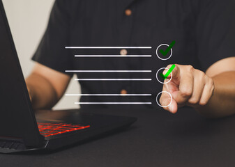 Close-up of finger tapping virtual checklist interface for productivity and goal tracking.