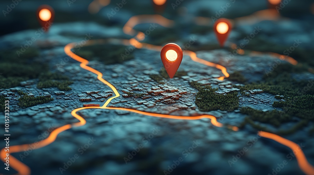 Poster glowing map with pins marking locations and a path.