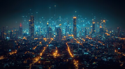 Fototapeta premium A conceptual image of network and connection technology in Bangkok's night cityscape, featuring energy light infographics and skyline connections.