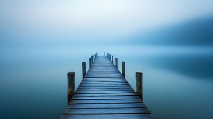 Obraz premium Wooden pier stretching out into a misty lake.
