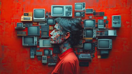 A conceptual image with a man’s head replaced by various digital devices, illustrating the integration of technology in daily life.