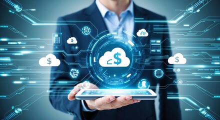 Obraz premium Cloud Computing Finance: A businessman with a digital tablet in hand, representing cloud computing and financial growth.