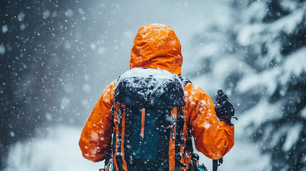 A person wearing an orange jacket and backpack is standing in the snow. The scene is cold and snowy, and the person appears to be prepared for the weather with their warm clothing and backpack