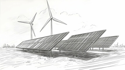 Hand-Drawn Sketch of a Solar Panel Farm with Wind Turbines in a Field