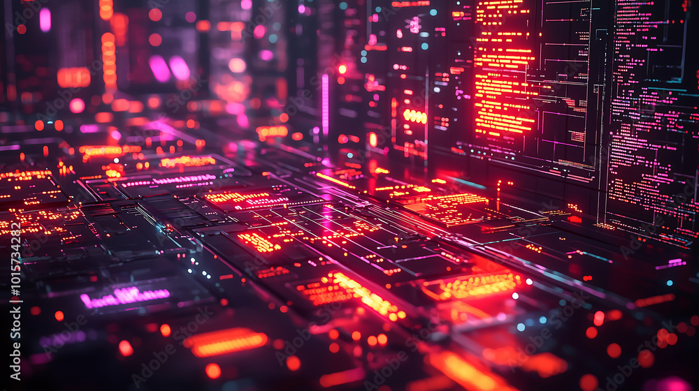 Poster ai managed cyber threat detection system scanning futuristic digital network with neon circuits