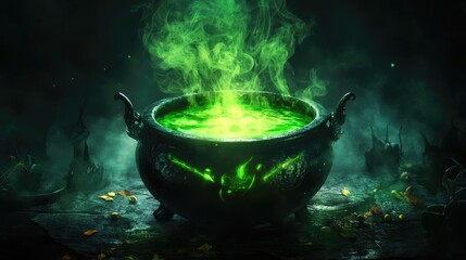 A mystical cauldron emits green smoke in a dark, eerie setting, perfect for fantasy and Halloween themes.