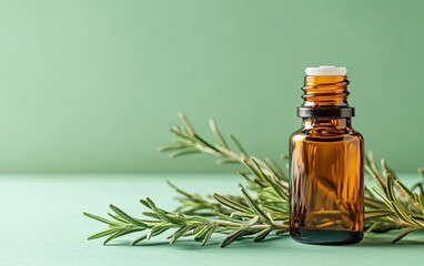 Amber bottle of rosemary essential oil with fresh sprigs