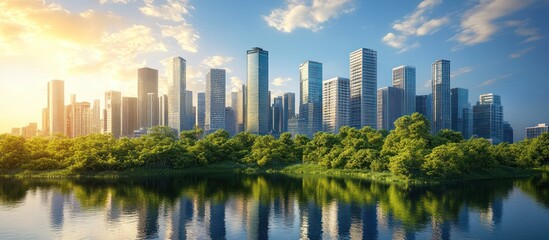 Fototapeta premium A panoramic view of a modern city skyline with a river and lush green trees in the foreground. The sun is setting behind the skyscrapers, casting a warm glow on the scene.