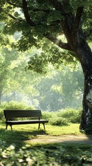 Naklejka premium A peaceful nature scene featuring a quiet park bench under a large tree, surrounded by lush greenery and gentle sunlight. The scene should emphasize tranquility and stress relief, with a broad empty 