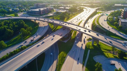 Aerial View of Busy Highway Interchange