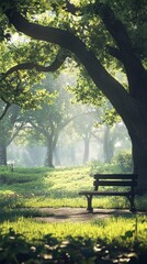 Fototapeta premium A peaceful nature scene featuring a quiet park bench under a large tree, surrounded by lush greenery and gentle sunlight. The scene should emphasize tranquility and stress relief, with a broad empty 