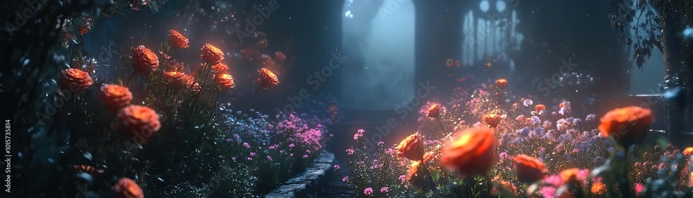 Poster a vibrant garden filled with colorful flowers under a soft light, creating a magical and serene atmo