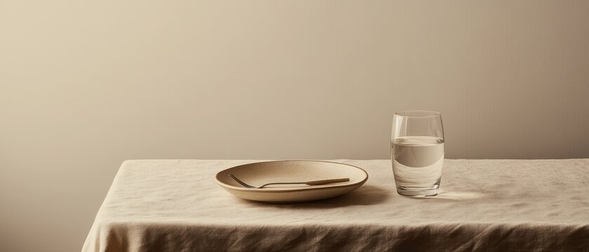 A serene, minimalist dining setup with a single plate of vegan food, a fork, and a glass of water on a neutral-colored tablecloth. The background should be a soft