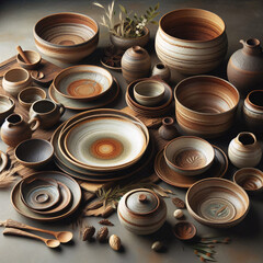 A stunning collection of handcrafted pottery, showcasing a variety of shapes, sizes, and earthy tones