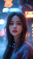 Beautiful Woman in Urban Night Scene with Snowfall