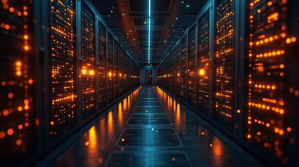 Obraz premium A data technology center with server racks, visualizing IoT data flow and digitalization in a complex environment.