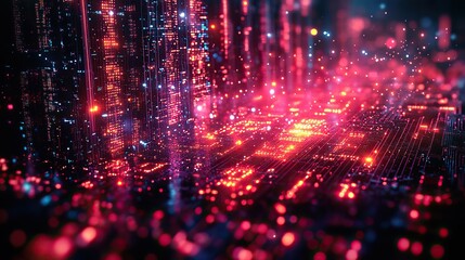 Obraz premium A depiction of data processing within futuristic server circuit boards, illustrating digital data flow and technology dynamics.