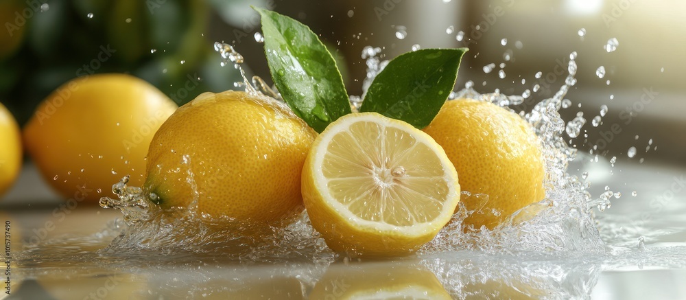 Poster Fresh lemons with water splash and green leaves.