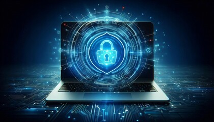 Cyber ​​security and insurance concept represented by abstract laptop with blue futuristic security screen