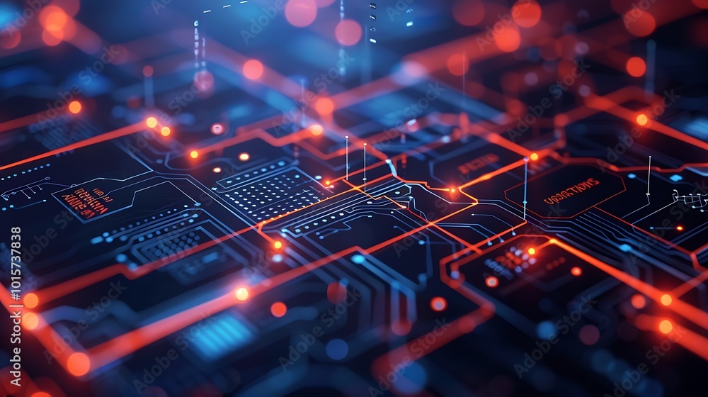 Poster close-up view of a digital circuit board with glowing red and blue lines and patterns.