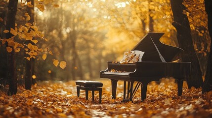 A grand piano is positioned in the midst of a serene forest scene, surrounded by vibrant autumn foliage. The ground is carpeted with fallen leaves in shades of orange and yellow, creating a warm and c