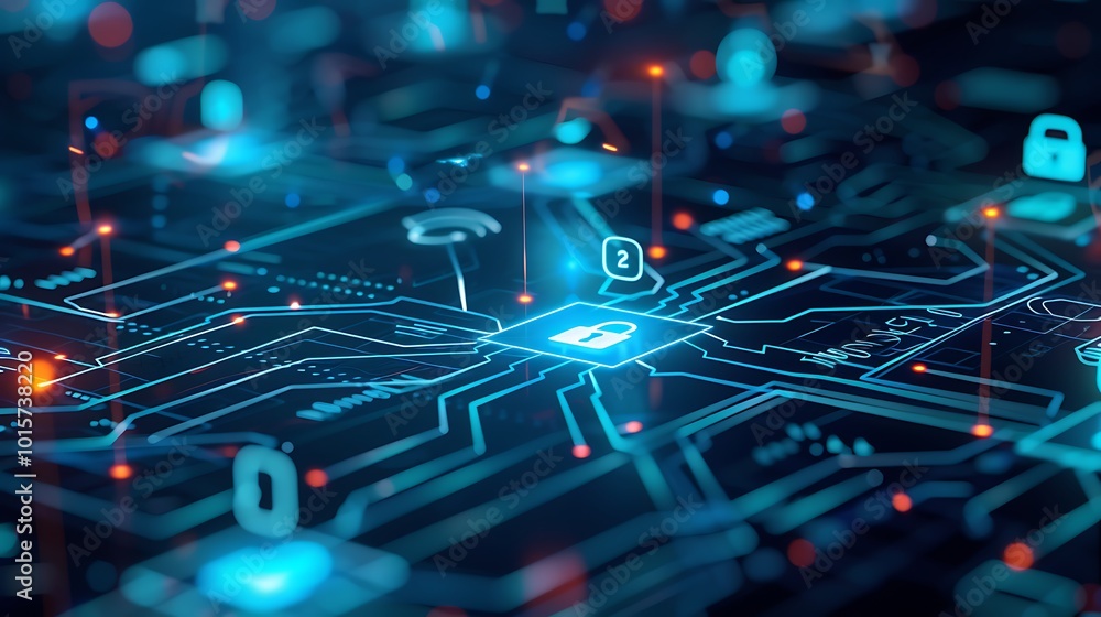 Poster digital representation of a cybersecurity network with glowing blue lines and circuits, highlighting